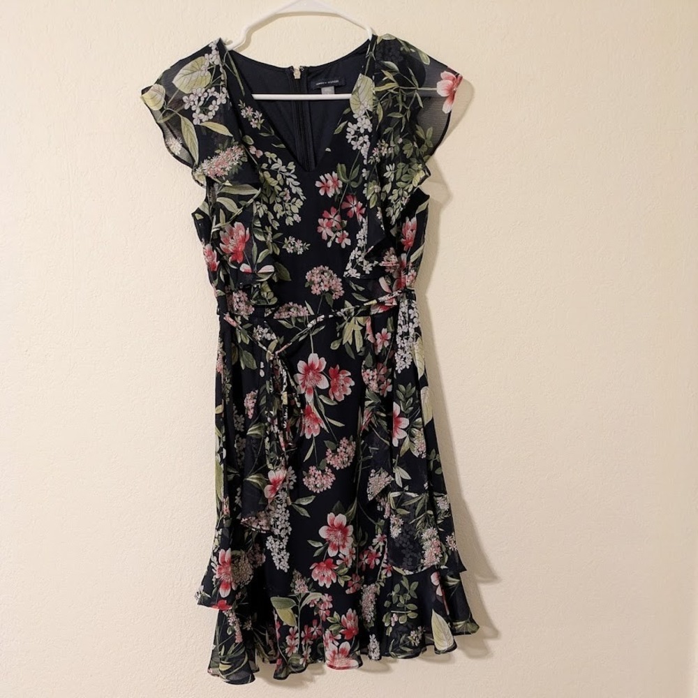 Tommy Hilfiger Dress Womens 6 Navy Blue Floral Ruffles‎ Lined Back Zip